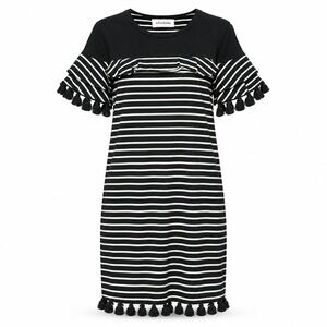 N/NICHOLAS Black White Striped Tassel Ruffle Sleeve Shift Dress Size 10 Nautical